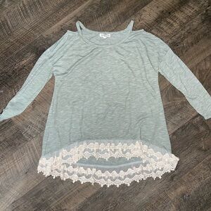Women's Mint Green Lace Trim Long Sleeve With Peek-A-Boo shoulders Top